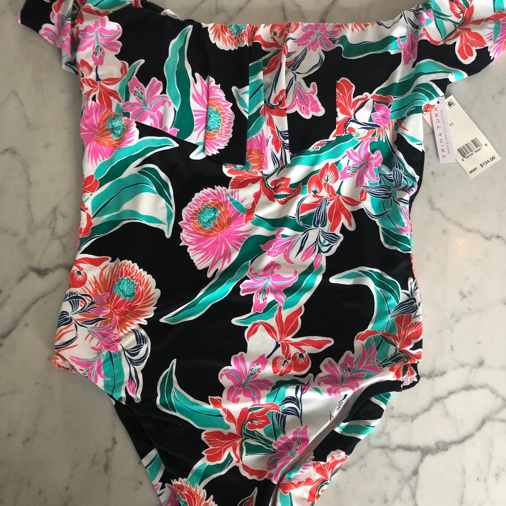 Trina Turk Off Shoulder Bathing Suit ~ Bright and Beautiful Pattern ~